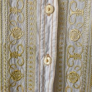 Cotton shirt. White with yellow embroidery & sequin detail. Flared cuff. M